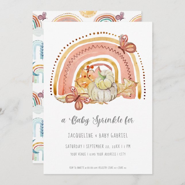 Fall Pumpkin Foliage Rainbow Mustard Peach Baby Invitation (Front/Back)