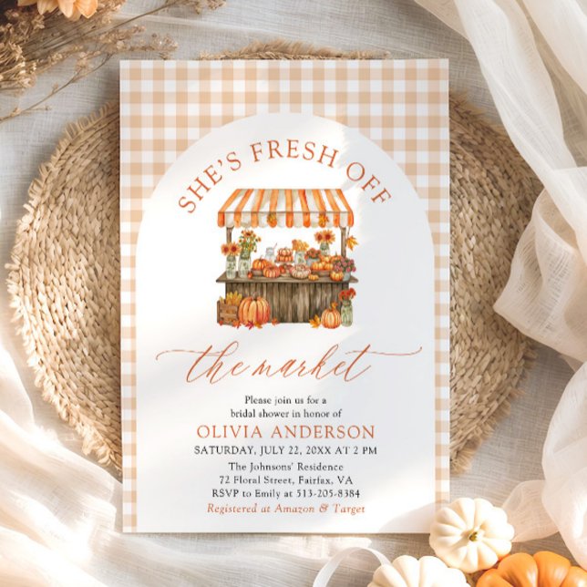Fall Pumpkin Fresh Off the Market Bridal Shower Invitation (Arch Orange Gingham Fall Pumpkin Fresh Off the Market Bridal Shower Invitation)