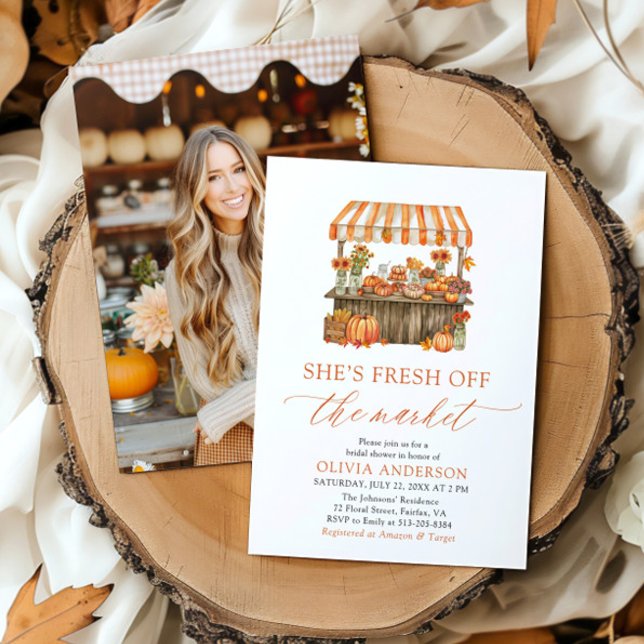 Fall Pumpkin Fresh Off the Market Bridal Shower Invitation (Orange Fall Pumpkin Fresh Off the Market Bridal Shower Invitation)