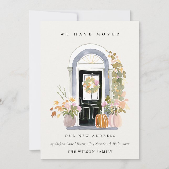 Fall Pumpkin Front Door Floral We have Moved Card (Front)