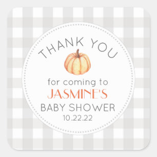 Fall pumpkin gingham neutral baby shower favour square sticker