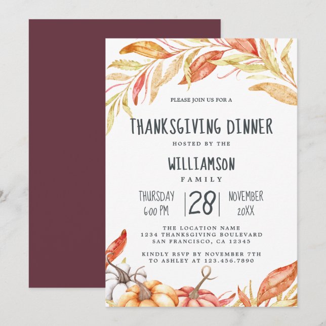 Fall Pumpkin Golden Foliage Thanksgiving Dinner Invitation (Front/Back)
