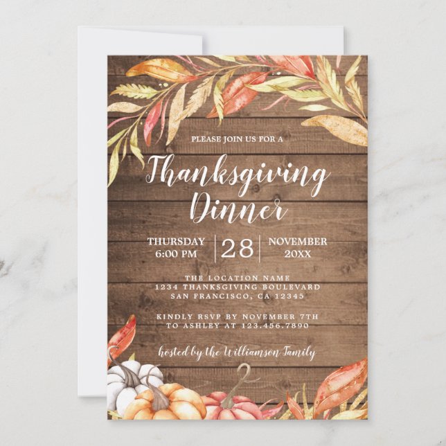 Fall Pumpkin Golden Foliage Thanksgiving Dinner Invitation (Front)