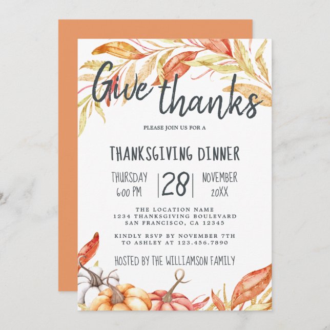 Fall Pumpkin Golden Foliage Thanksgiving Dinner Invitation (Front/Back)