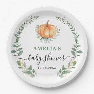 Fall Pumpkin Greenery Gold Foliage Baby Shower Paper Plate