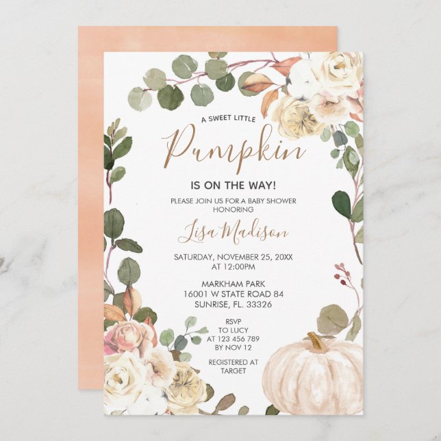 Fall Pumpkin Greenery is on the Way Baby Shower  I Invitation (Front/Back)