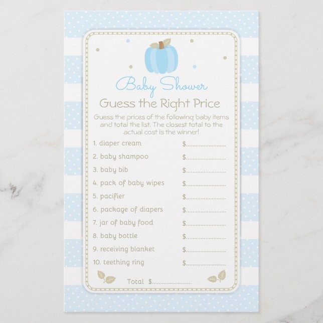 Fall Pumpkin Guess the Price Baby Boy Shower Game Flyer (Front)