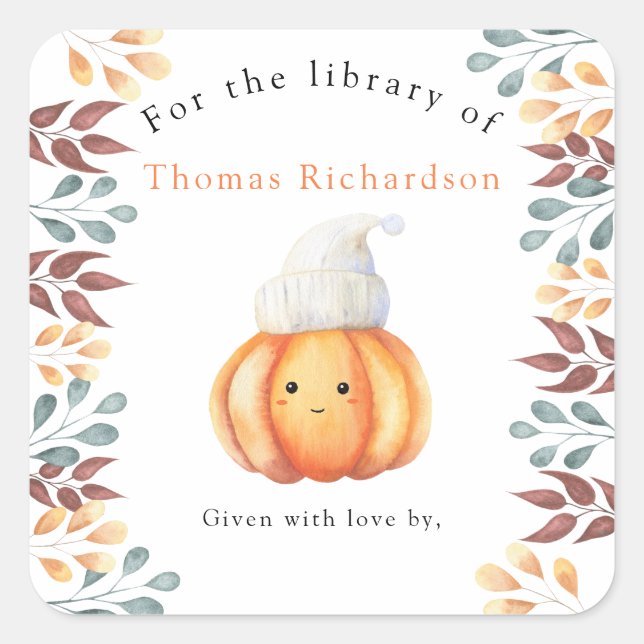 Fall pumpkin in hat - for the library of square sticker (Front)