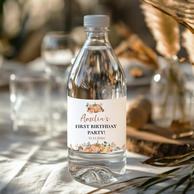 Fall Pumpkin Kids First Birthday  Water Bottle Label (Creator Uploaded)