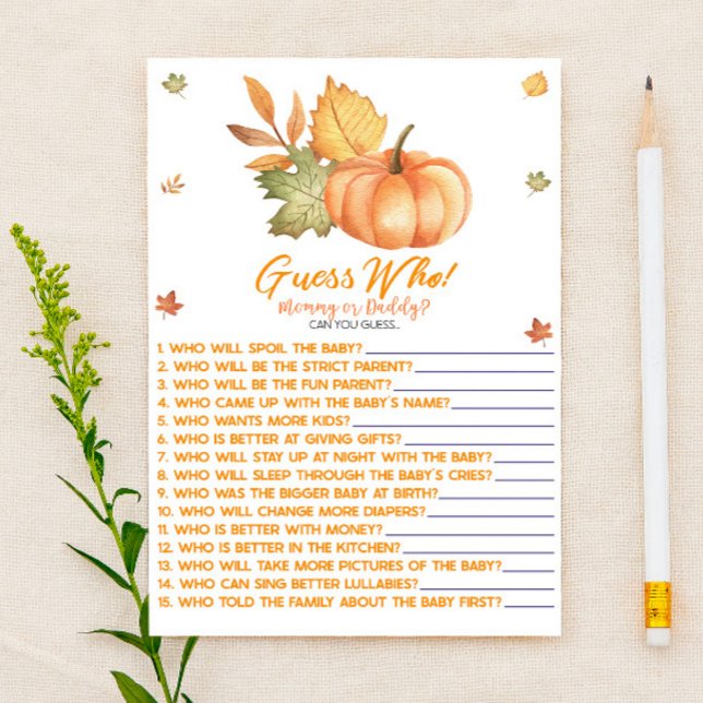 Fall Pumpkin Leaves Guess Who! Baby Shower Game Stationery (Creator Uploaded)