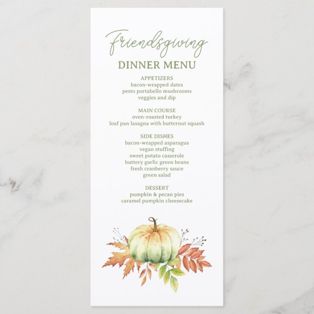 Fall Pumpkin Leaves Rustic Friendsgiving Dinner Menu (Front)