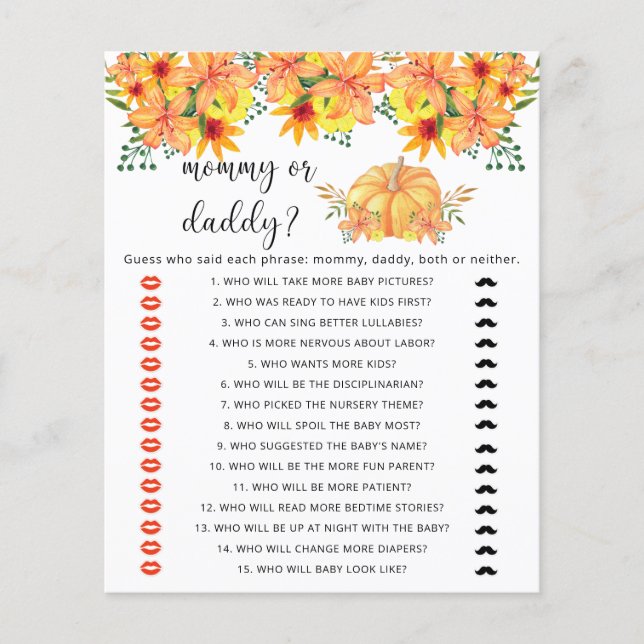 Fall pumpkin mummy or daddy baby shower game (Front)