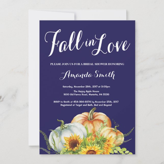 Fall Pumpkin Navy Blue Bridal Shower invitation (Front)