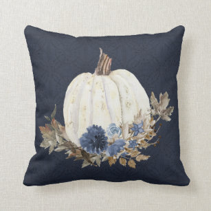 Fall Pumpkin Navy Blue Watercolor Floral Foliage Cushion