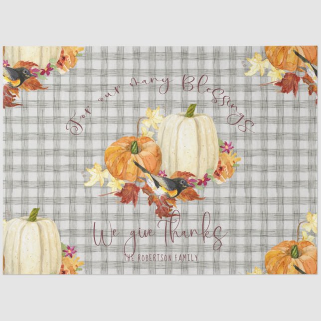 Fall Pumpkin Orange White Leaf Grey Buffalo Plaid Tissue Paper (Front)