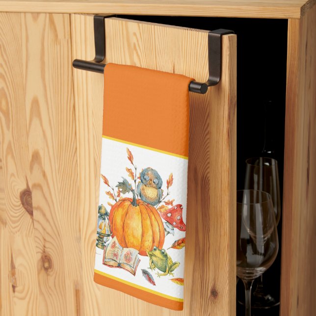 Fall Pumpkin owl and frog Tea Towel (Thirds Fold)