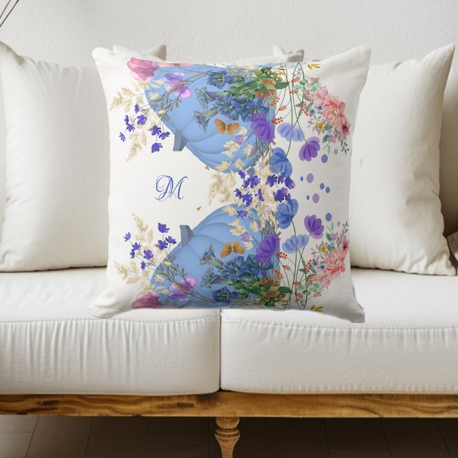 Fall Pumpkin Pastel Blue Botanical Flora Monogram Cushion (Fall Pumpkin Pastel Blue Botanical Flora Monogram Throw Pillow)