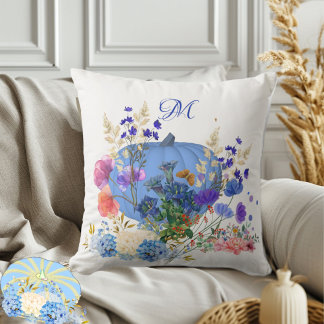 Fall Pumpkin Pastel Blue Botanical Flora Monogram  Cushion