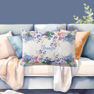 Fall Pumpkin Pastel Blue Botanical Flora Monogram Lumbar Cushion