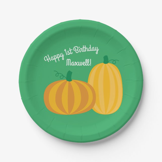 Fall Pumpkin Patch 1st Birthday Party Theme Paper Plate (Front)