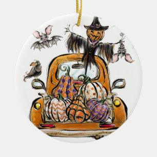 Fall Pumpkin Patch Truck with bats scarecrow bird  Ceramic Tree Decoration