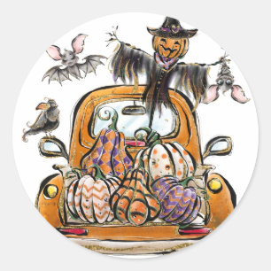 Fall Pumpkin Patch Truck with bats scarecrow bird  Classic Round Sticker
