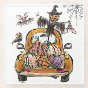 Fall Pumpkin Patch Truck with bats scarecrow bird Glass Coaster