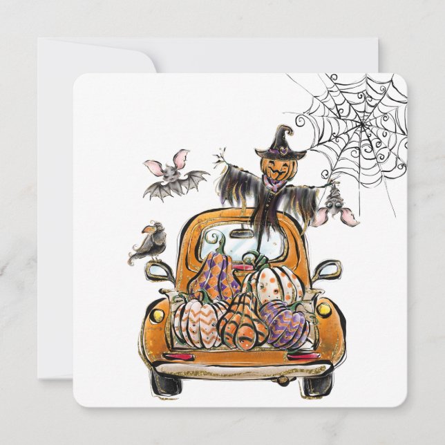 Fall Pumpkin Patch Truck with bats scarecrow bird  Holiday Card (Front)