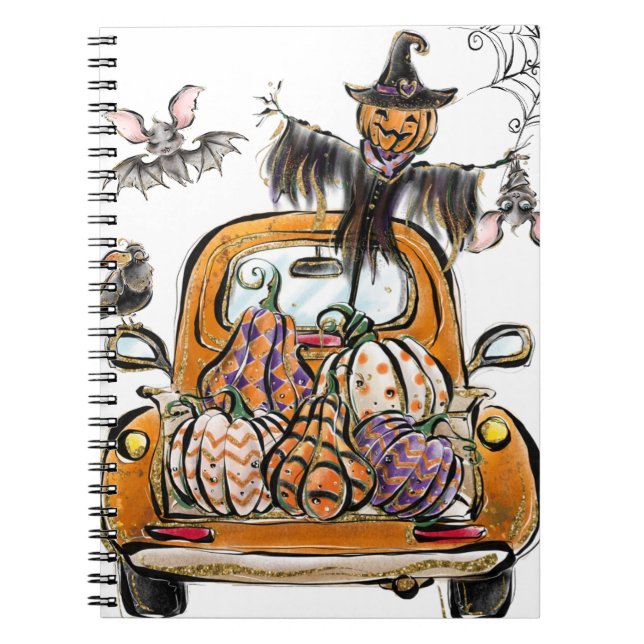 Fall Pumpkin Patch Truck with bats scarecrow bird  Notebook (Front)