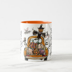 Fall Pumpkin Patch Truck with bats scarecrow bird Two-Tone Coffee Mug
