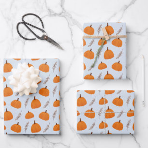 Fall Pumpkin Pattern Blue Wrapping Paper Sheet
