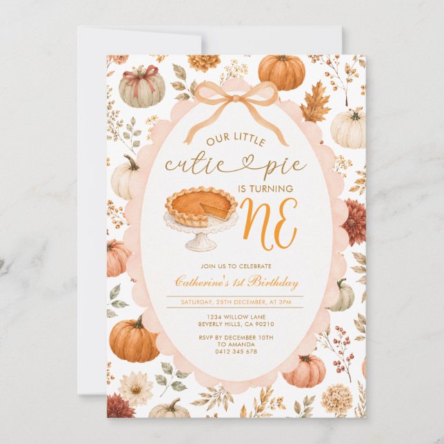 Fall Pumpkin Pie Autumn Floral 1st Birthday Invitation (Front)