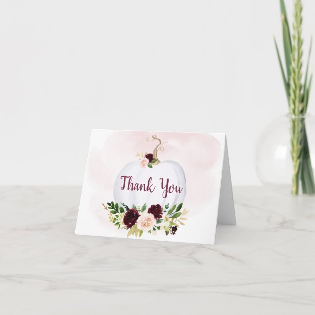 Fall Pumpkin Pink Burgundy Gold Baby Shower Thank You Card (Front)