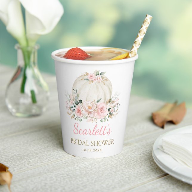 Fall Pumpkin Pink Floral Greenery Bridal Shower Paper Cups (Insitu)