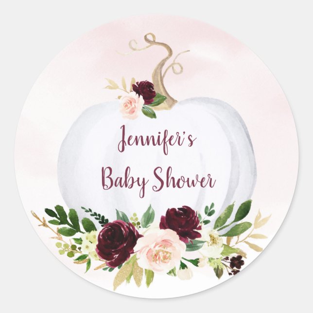 Fall Pumpkin Pink Gold Burgundy Baby Shower Classic Round Sticker (Front)