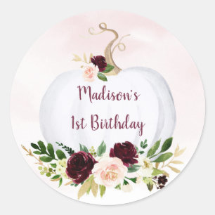 Fall Pumpkin Pink Gold Burgundy Birthday Classic Round Sticker