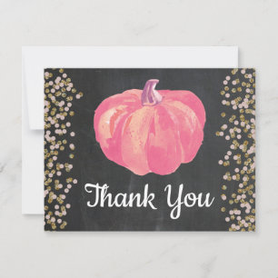 Fall Pumpkin Pink Gold Glitter Confetti Chalkboard Thank You Card