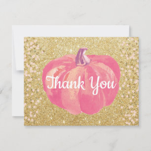 Fall Pumpkin Pink Gold Glitter Thank You Card