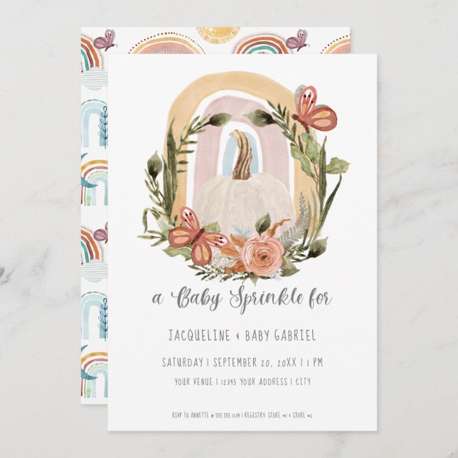 Fall Pumpkin Rainbow Mustard Blue Blush Floral Art Invitation (Front/Back)