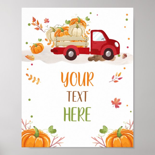Fall Pumpkin Red Truck Confetti Leaves Table Sign (Front)