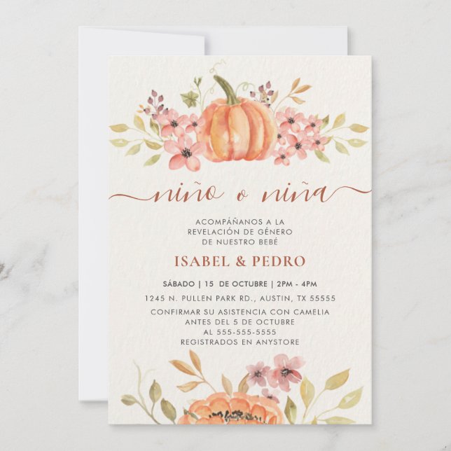 Fall Pumpkin Rustic Boho Spanish Gender Reveal Invitation (Front)