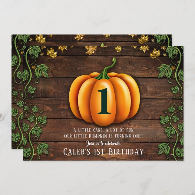 Fall Pumpkin Rustic Green and Gold Ivy Birthday Invitation (Front/Back)