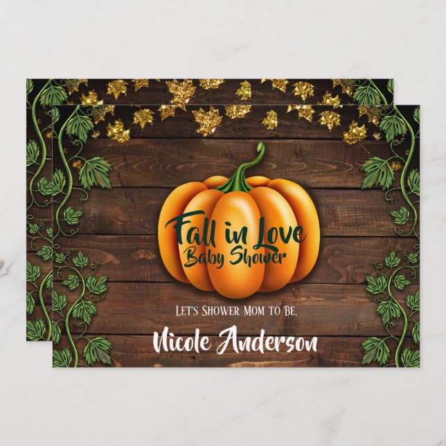 Fall Pumpkin Rustic Green Gold Ivy Baby Shower Invitation (Front/Back)