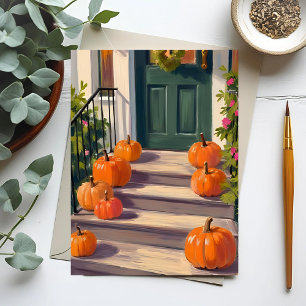 Fall Pumpkin Stoop   Autumn Thanksgiving Painted Holiday Postcard