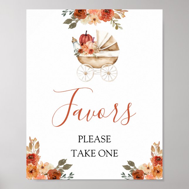 Fall Pumpkin Stroller Floral Baby Shower Favours Poster (Front)