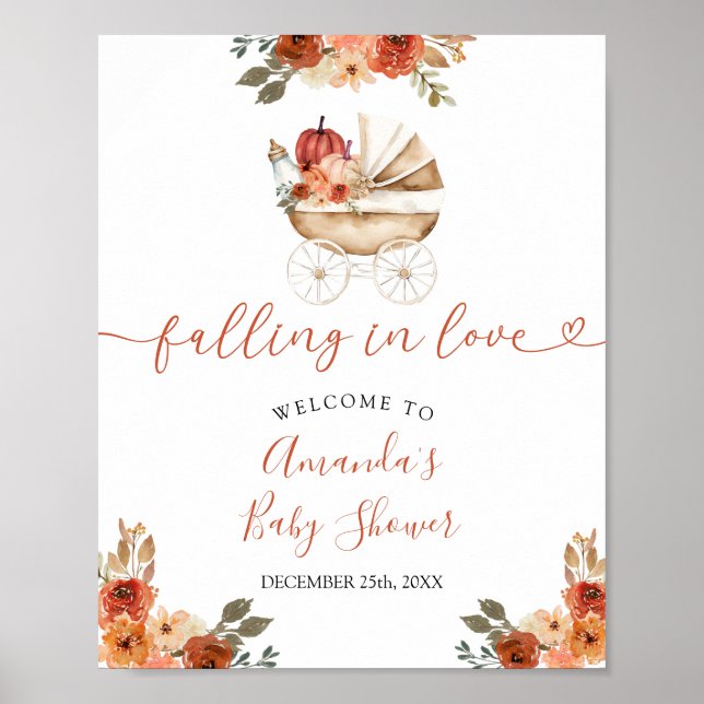 Fall Pumpkin Stroller Floral Baby Shower Welcome Poster (Front)