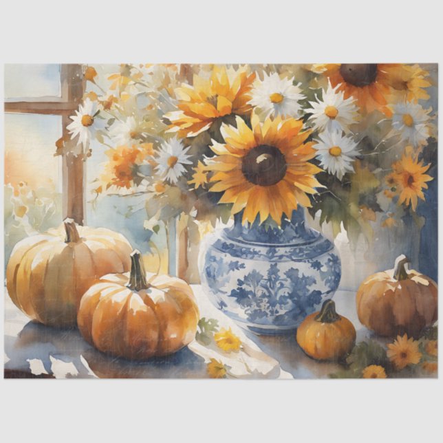Fall Pumpkin Sunflower Floral Blue White Decoupage Tissue Paper (Front)
