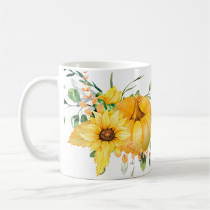 Fall pumpkin, sunflowers, and greenery coffee mug
