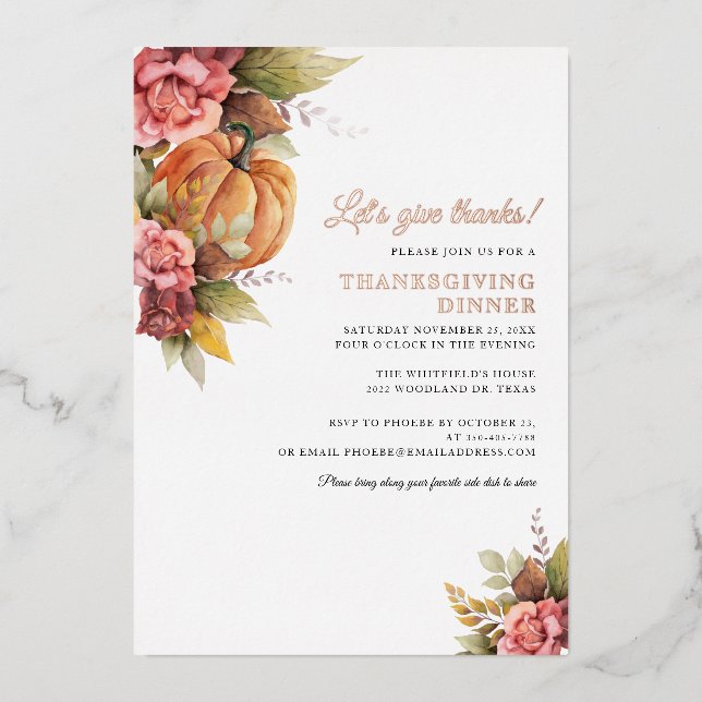 Fall Pumpkin Thanksgiving Invitation Rose Gold (Front)