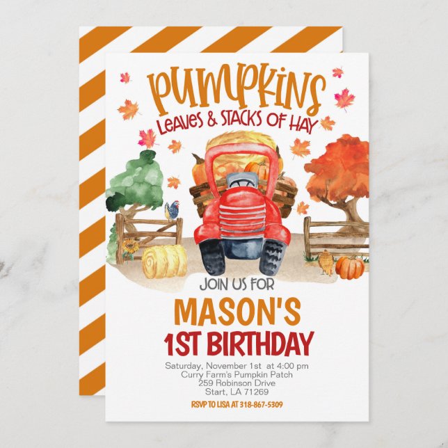 Fall Pumpkin Tractor Birthday Invitation (Front/Back)
